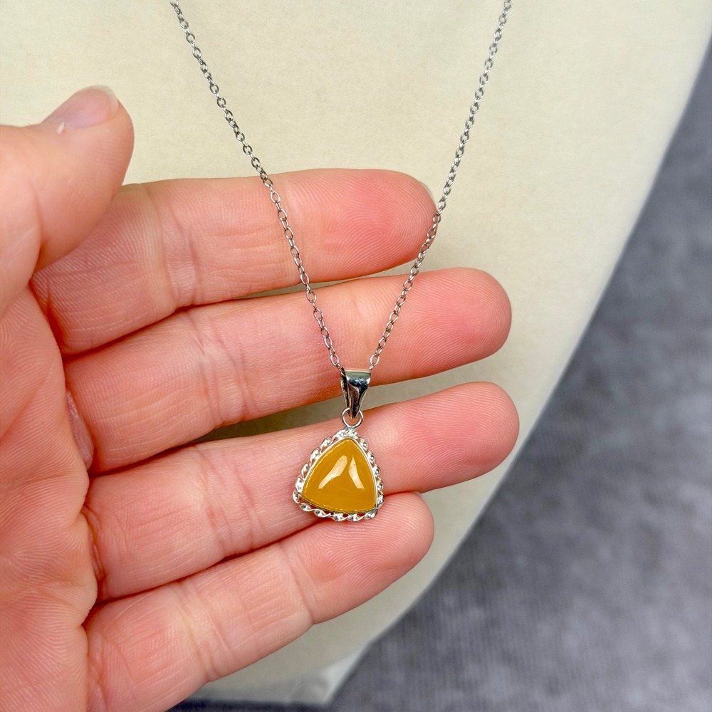 Yellow Jade Triangle Pendant Necklace and Stud Earrings Set Sterling Silver 18" - Picture 6 of 11